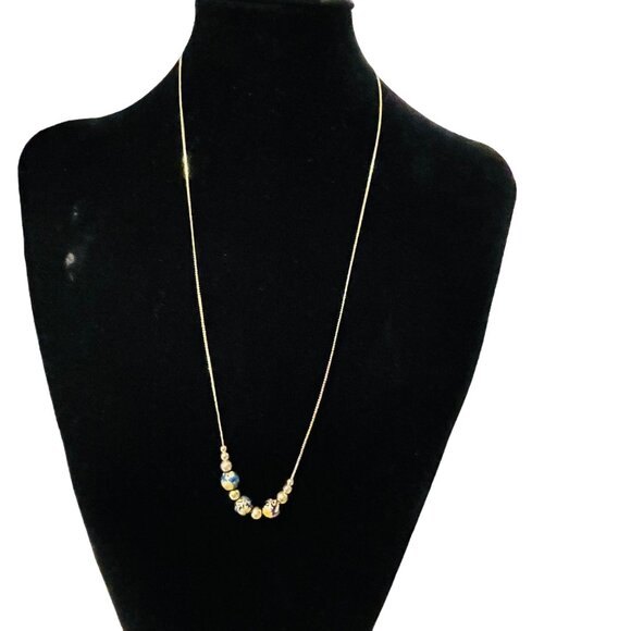 Gold Blue Cloisonné Bead Necklace Floral Design Jewelry - Picture 1 of 5